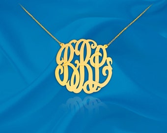 Monogram Necklace - 1 inch Sterling Silver 24k Gold Plated Initial Monogram Handcrafted in USA