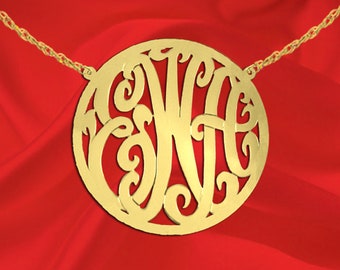 Monogram Necklace 1.75 inch 24K Gold Plated Sterling Silver Personalized Initial Necklace Handcrafted USA