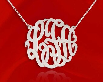 14K White Gold Monogram Necklace - 1 inch Initial Monogram   - Handcrafted Designer - Initial Necklace 14K White Gold - Made in USA