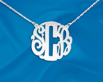 Script Blok Monogram Ketting - Sterling Zilver Handgemaakte Ontwerper - Gepersonaliseerde Eerste Ketting - Monogram Ketting - Made in USA