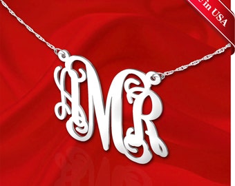 Interlocking Monogram Necklace 1.25 inch Sterling Silver Handcrafted Designer Personalized Initial Necklace - Made in USA