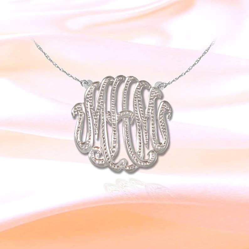 Monogram Necklace 1 inch Sterling Silver with Beaded Design Handcrafted Personalized Initial Necklace Made in USA