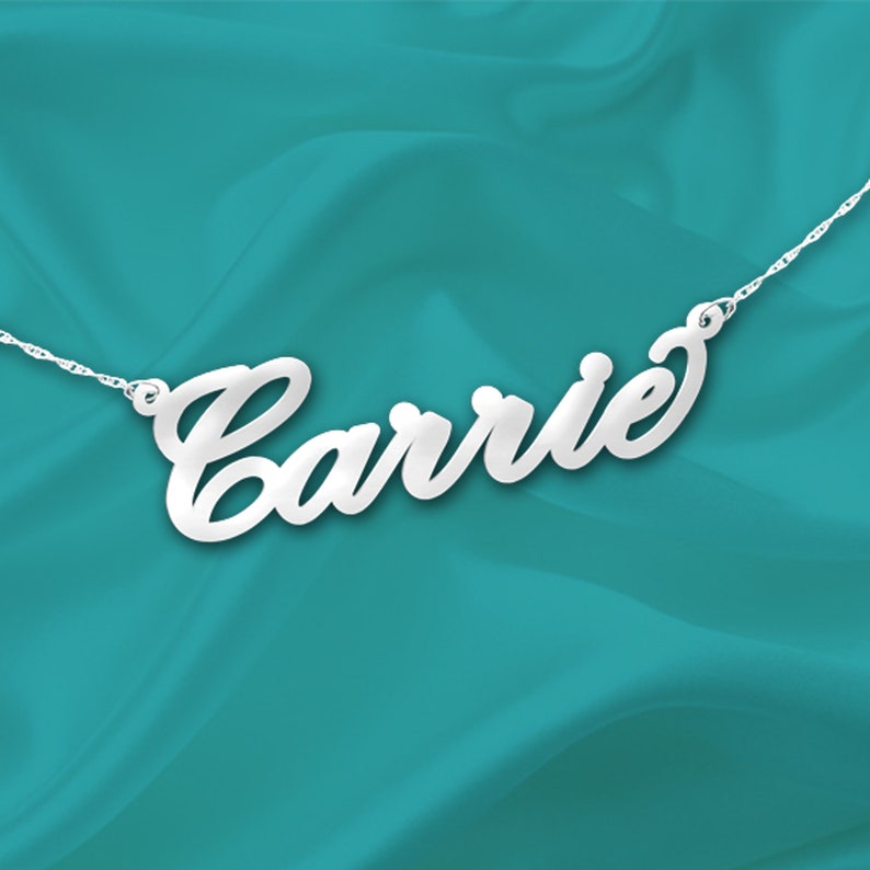 Name Necklace Carrie 24K Gold Plated Sterling Silver Handcrafted Designer Personalized Name Necklace Made in USA 14K White Gold