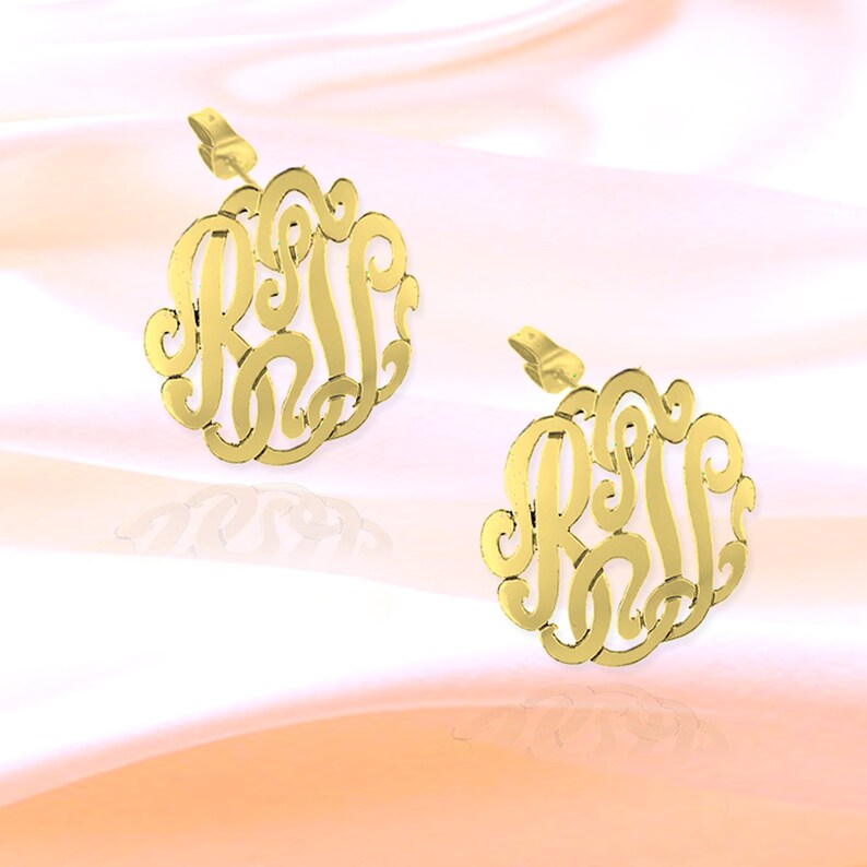 Monogram Earrings .75 inch 24K Gold Plated Sterling Silver Personalized Monogram Earrings Gift For Her Bridesmaid Gift Made in USA image 2