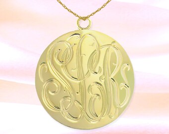 Hand Engraved Monogrammed Disc Pendant - Personalized Initial Disc Pendant - 24K Gold Plated Sterling Silver - Gift for her - Made in USA