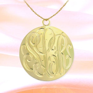 Monogram Disc Pendant Hand Engraved 24K Gold Plated Sterling Silver Personalized Initial Disc Necklace Monogrammed Gift Made in USA Goldplate Silver 1.5 inches