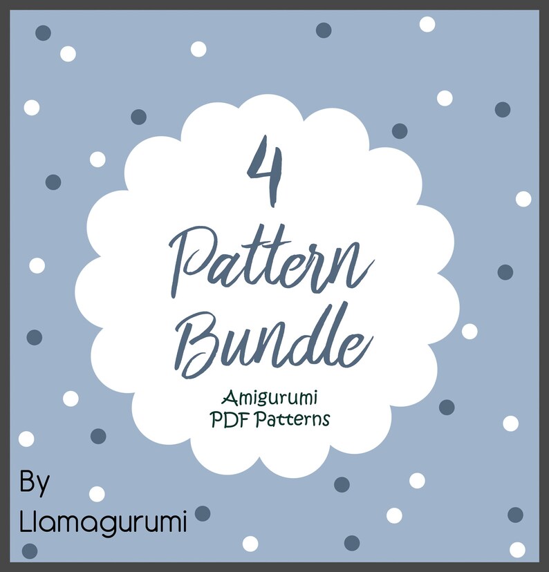 May include: A blue and white graphic with a white cloud shape containing the text "4 Pattern Bundle" and "Amigurumi PDF Patterns". The text "By Llamagurumi" is below the cloud shape. The background is a light blue color with white and blue polka dots.
