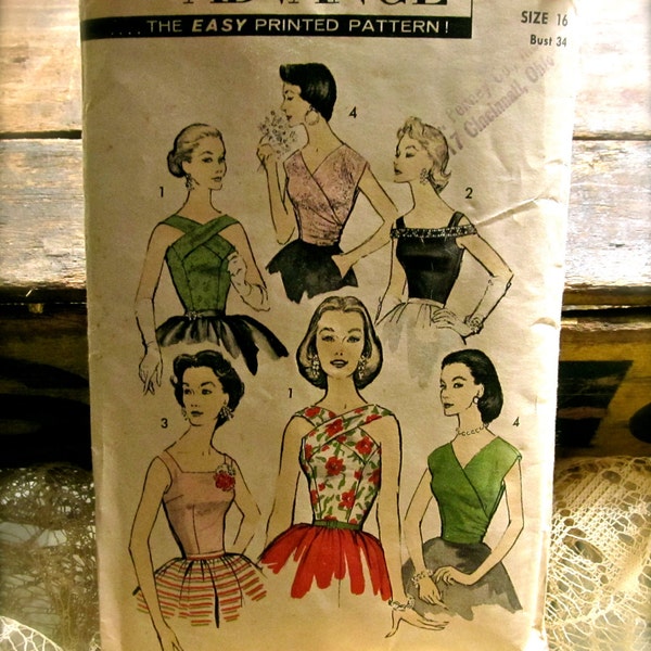 Reserved for Terri Advance 8001 1950's Vintage Sewing Pattern Misses Crisscross, Square Neck with Band, Surplice Blouses