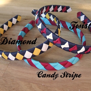 May include: Three colorful headbands made of woven ribbon. The headbands are in a diamond pattern, a candy stripe pattern, and a twist pattern. The headbands are navy blue, white, yellow, red, and turquoise.