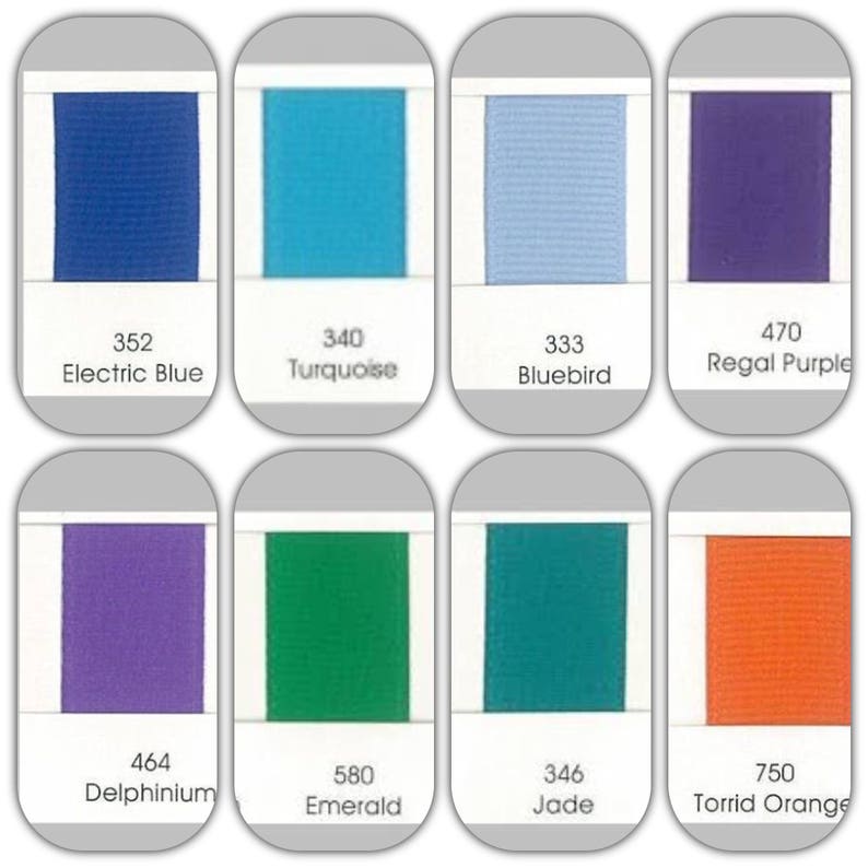 May include: A chart showing ten different colors of ribbon with their corresponding names and numbers. The colors are electric blue, turquoise, bluebird, regal purple, delphinium, emerald, jade, torrid orange, and two shades of purple.