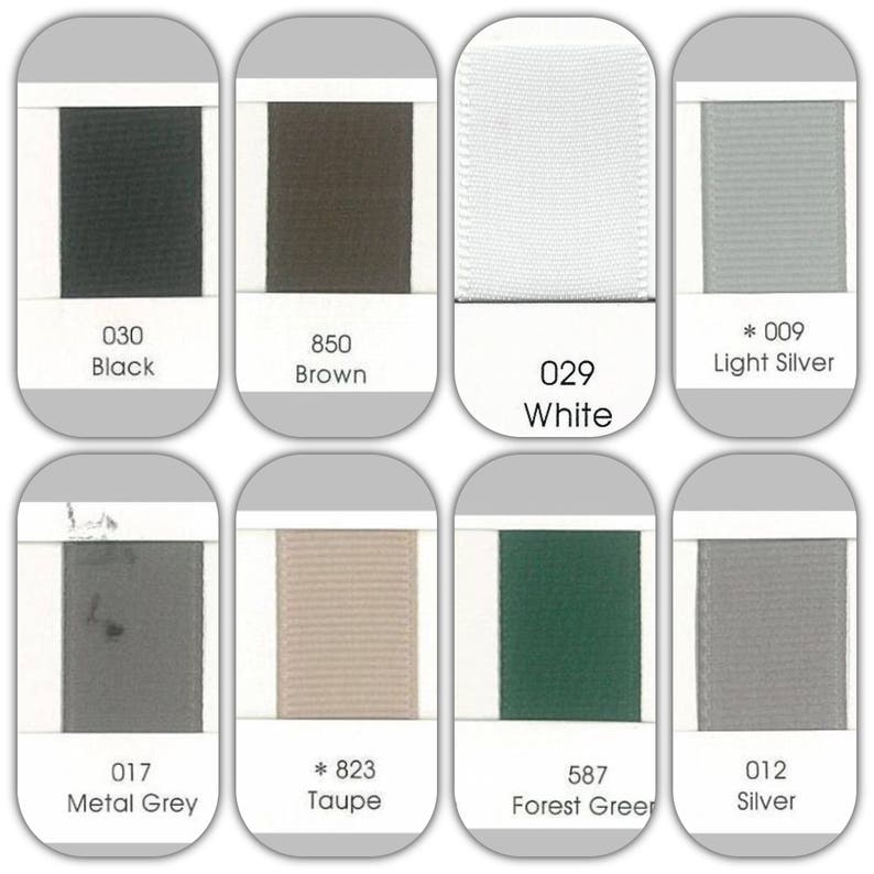 May include: A color chart showing ten different ribbon colors. The colors are: black, brown, white, light silver, metal grey, taupe, forest green, silver, dark grey, and light grey. The chart is labeled with the color name and a corresponding number code.