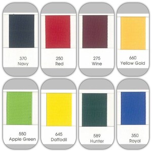 May include: A color chart with ten different colors of ribbon. The colors are navy, red, wine, yellow gold, apple green, daffodil, hunter green, royal blue, black, and white. Each color has a number and a name.