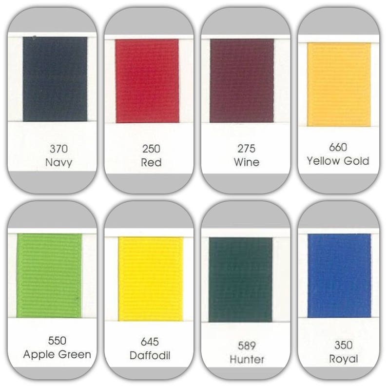 May include: A color chart with ten different colors of ribbon. The colors are navy, red, wine, yellow gold, apple green, daffodil, hunter green, royal blue, black, and white. Each color has a number and a name.