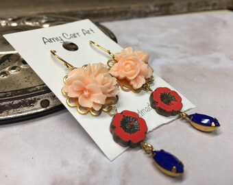 Bleu Peach and Coral Flower Dangle Earrings