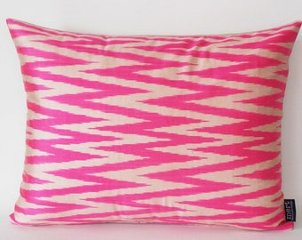 Hot Pink Silk Ikat Pillow Cover: Handmade Lumbar Throw Pillow