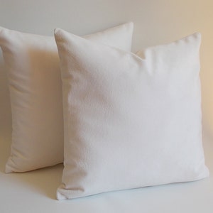 May include: Two white square throw pillows with a soft, smooth texture.