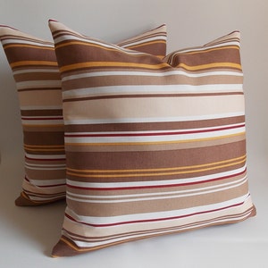 Striped Cotton Canvas Pillow Cover Set: Beige Brown Throw Pillow (18x18)