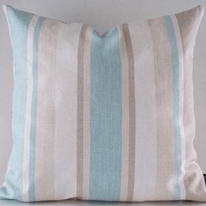 Linen Stripe Pillow Cover: Blue, Beige, and White Cushion