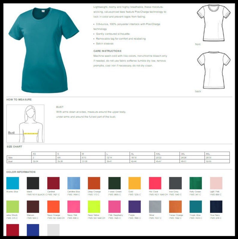 Może przedstawiać: Tabela rozmiar&oacute;w dla damskiego t-shirtu z r&oacute;żnymi opcjami kolorystycznymi. Tabela pokazuje wymiary biustu dla rozmiar&oacute;w XS do 3XL. Koszulka jest opisana jako lekka, oddychająca i odprowadzająca wilgoć. Posiada technologię PosiCharge, kt&oacute;ra utrwala kolor i zapobiega blaknięciu logo. Koszulka jest wykonana w 100% z poliestru.