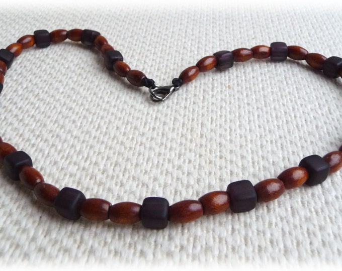 Men's Necklace Wood and Black Frosted Beads Handmade Etsy