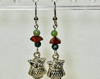 Boho-style antiqued silver owl dangle earrings turquoise brown gemstone beads handmade