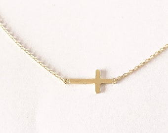 Sideways cross necklace, delicate everyday necklace, available in 18K Gold plated over 925 sterling Silver or 925 Sterling Silver