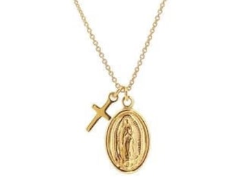 Tiny cross and Virgin Mary Medal necklace, available in 18K Gold plated over sterling Silver or 925 sterling Silver