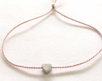 Dainty Heart silk string bracelet, multiple colors available, Heart charm Silver or Gold plated