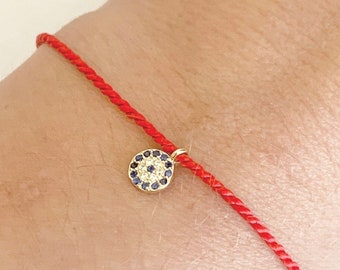 String bracelet, Silk string, Evil eye charm bracelet, Cz Evil eye Charm in 18K Gold plated or Sterling Silver, 12 string colors available