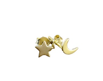 Moon and Star stud earrings, in 18K Gold over 925 sterling Silver or 925 sterling Silver