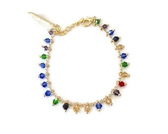 Rainbow beaded chain bracelet with feather pendant, 18K Gold plated