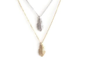 Long feather Boho necklace,  Available in Gold or Silver plated