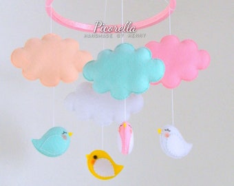 Pastel Cloud - Birds Baby Mobile / Baby Crib Mobile/Hanging Mobile/ Felt Cloud, Birds Nursery / Pastel baby mobile/ Hanging Baby Decor