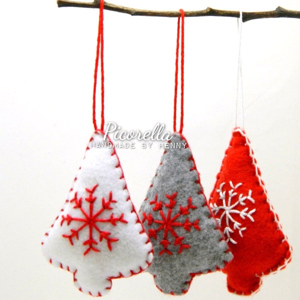 Felt Christmas Tree Ornaments, Snowflake Embroidery Pattern, Gray White Red Bauble Set