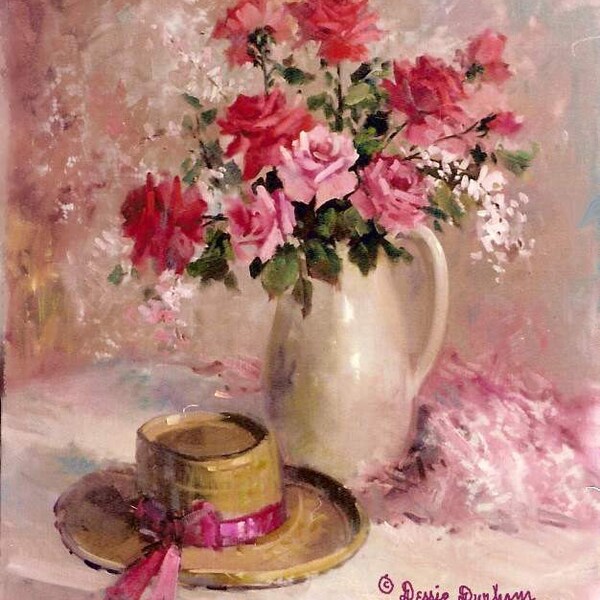 Greeting card Pink Roses-Pink Roses and Hat would make a beautiful framed painting-Gift Idea-5 X 7 inches.