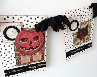 Banner retrô de Halloween, placa assustadora, decoração de Halloween em preto e branco, decoração de parede vintage de bruxa