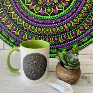 Mandala Mug, Hand Painted Manadala Printed Mug, Dot Mandala, Green Coffee Mug, Personalised Gift, Dot Painting, Decor