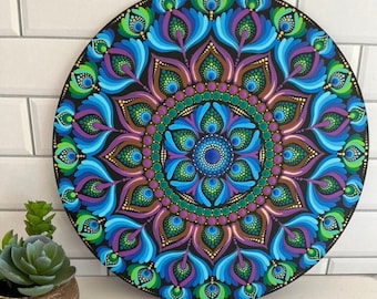 Mandala Painting, 25cm Original Hand Painted Board, Peacock, Dot Mandala, Blue, Green, Brown, Mandala Art, Personalised Gift, Decor