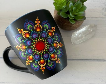 Mandala Mug, Hand Painted Dot Art, Dot Mandala, Rainbow, Red, Blue, Painted Coffee Mug, Personalised Gift, Dot Painting, Decor