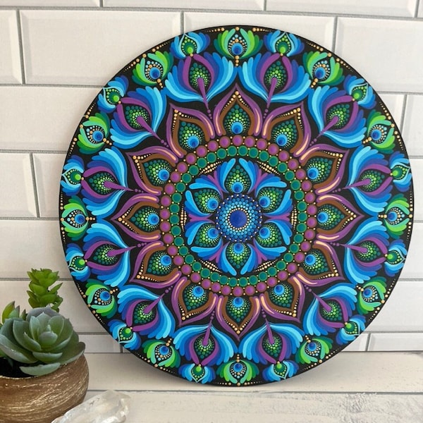 Mandala Painting, 25cm Original Hand Painted Board, Peacock, Dot Mandala, Blue, Green, Brown, Mandala Art, Personalised Gift, Decor