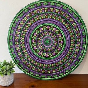 Mandala Painting, 58cm Hand Painted Original, Dot Art, Dot Mandala, Green, Purple, Gold, Painted Board, Personalised Gift, Decor