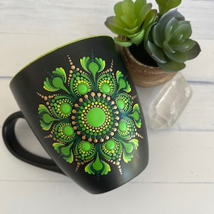 Mandala Mug, Hand Painted Dot Art, Dot Mandala, Green, Gold, Painted Coffee Mug, Personalised Gift, Dot Painting, Decor