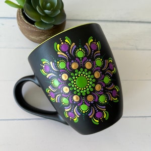 Mandala Mug, Hand Painted Dot Art, Dot Mandala, Green, Purple and Gold, Painted Coffee Mug, Personalised Gift, Dot Painting, Decor