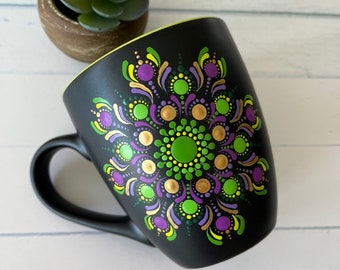 Mandala Mug, Hand Painted Dot Art, Dot Mandala, Green, Purple and Gold, Painted Coffee Mug, Personalised Gift, Dot Painting, Decor