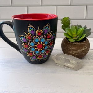 Mandala Mug, Hand Painted Dot Art, Dot Mandala, Red, Rainbow, Painted Coffee Mug, Personalised Gift, Dot Painting, Decor