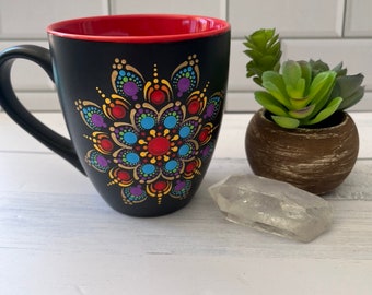 Mandala Mug, Hand Painted Dot Art, Dot Mandala, Red, Rainbow, Painted Coffee Mug, Personalised Gift, Dot Painting, Decor