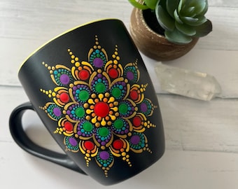 Mandala Mug, Hand Painted Dot Art, Dot Mandala, Yellow and Red, Rainbow, Painted Coffee Mug, Personalised Gift, Dot Painting, Decor