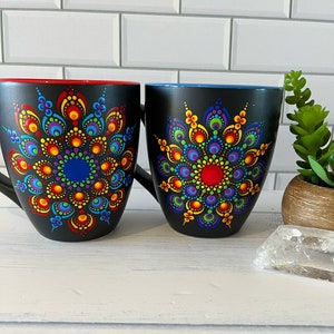 Mandala Mugs, Set of 2, Hand Painted Dot Art, Dot Mandala, Rainbow, Red, Blue, Painted Coffee Mug, Personalised Gift, Dot Painting, Decor