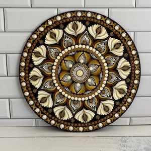Mandala Painting, 25cm Original Hand Painted Board, Dot Mandala, Brown, Cream, White, Boho, Mandala Art, Personalised Gift, Decor