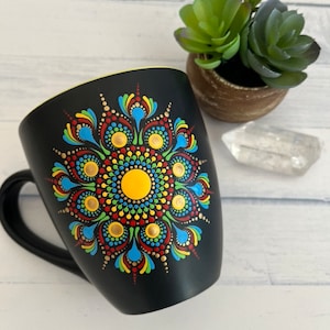 Mandala Mug, Hand Painted Dot Art, Dot Mandala, Yellow, red, gold and rainbow, Painted Coffee Mug, Personalised Gift, Dot Painting, Decor